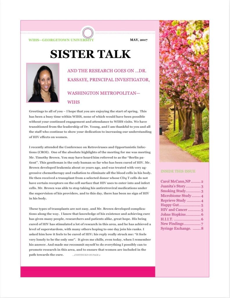 a photo of the cover of the MWCCS Spring 2017 newsletter entitled "SisterTalk"